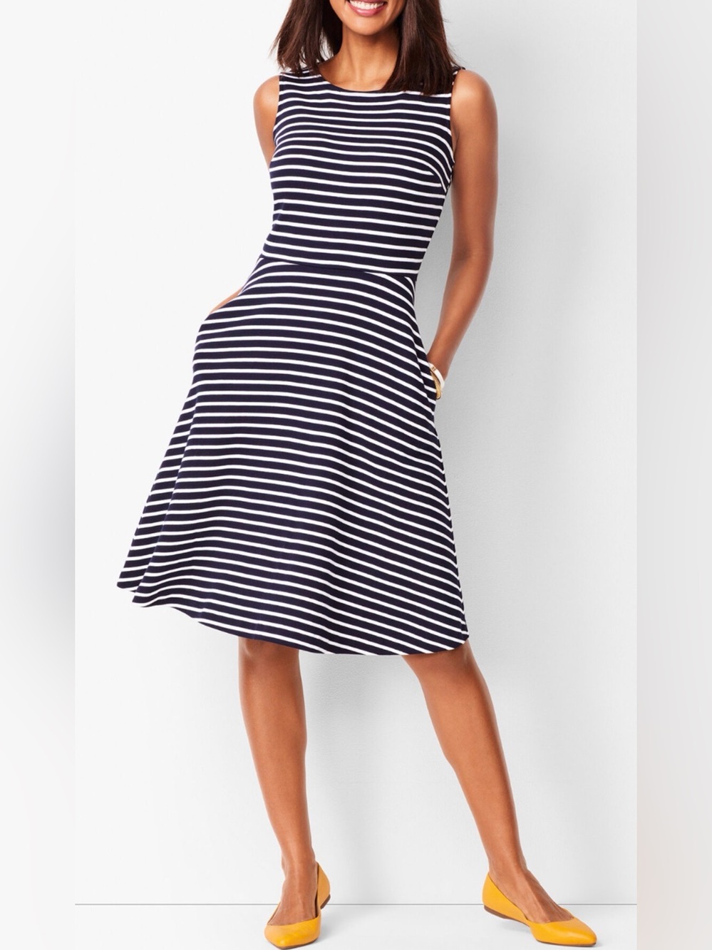 Talbots petite medium, navy and white striped fit and flare dress. EUC.